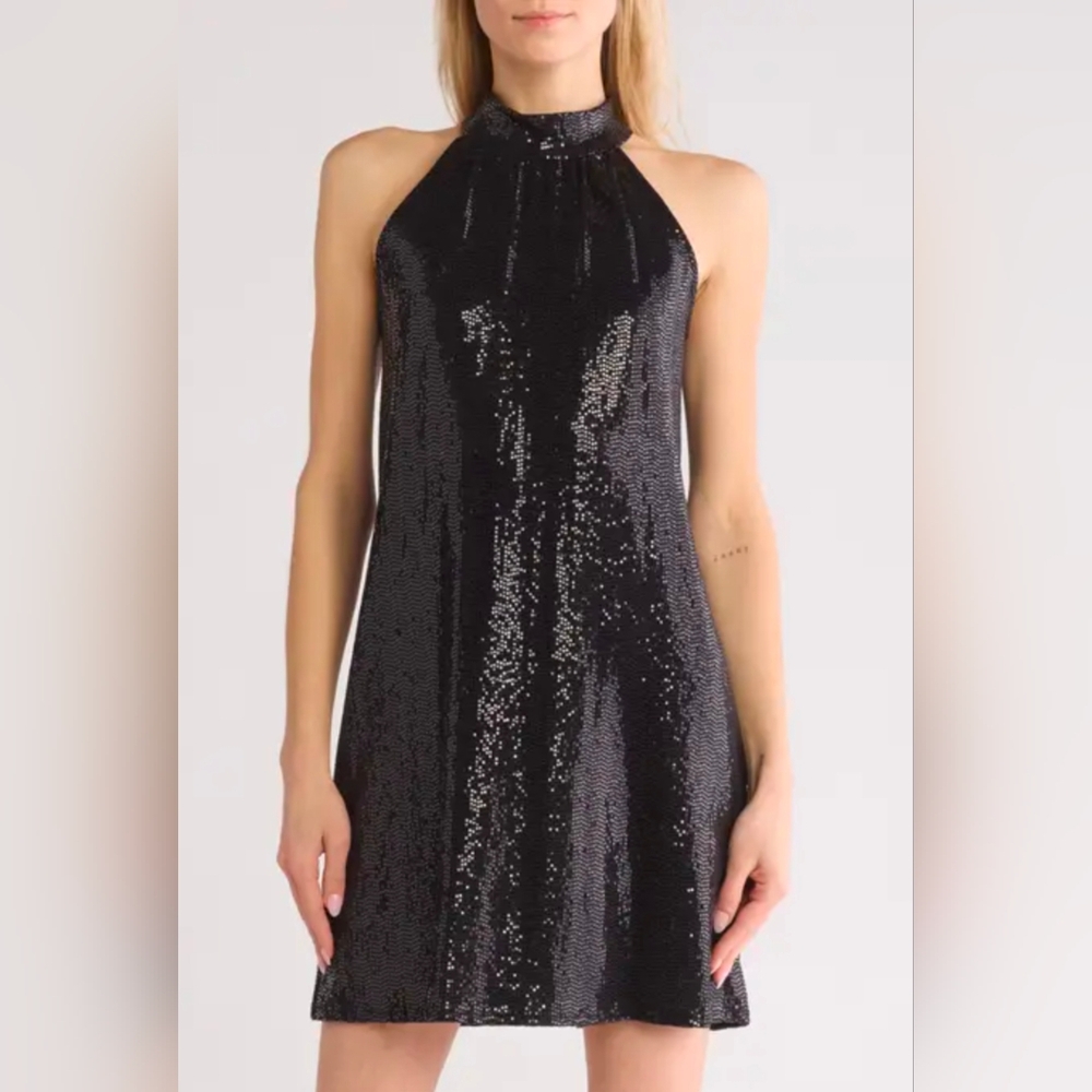 Bebe Black Halter Sequin Dress Large XL NWT